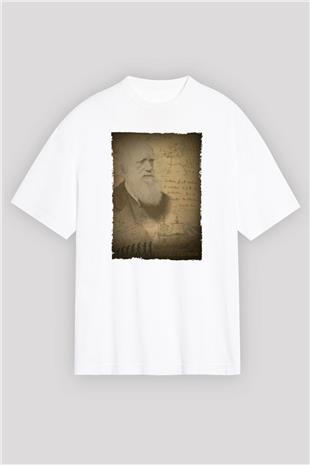 Charles Darwin Baskılı Unisex Oversize Beyaz Tişört - Tshirt