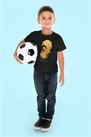 Charles Darwin Baskılı Unisex Siyah Çocuk Tişörtü - Tshirt