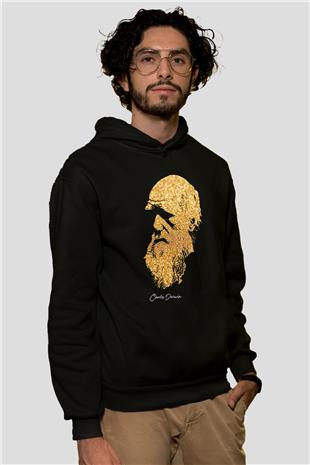Charles Darwin Baskılı Unisex Siyah Hoodie