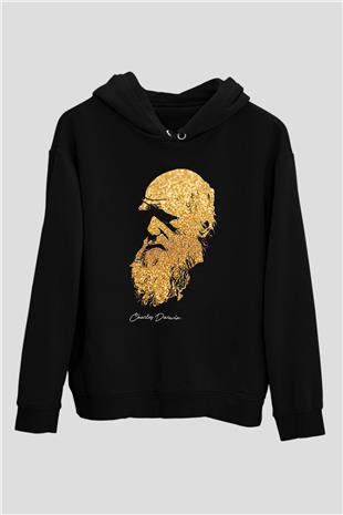 Charles Darwin Baskılı Unisex Siyah Hoodie