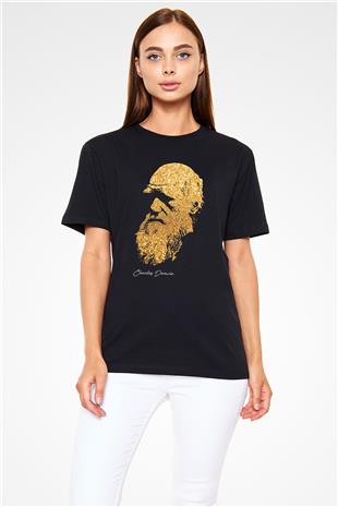 Charles Darwin Baskılı Unisex Siyah Tişört - Tshirt