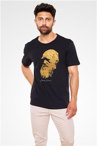Charles Darwin Baskılı Unisex Siyah Tişört - Tshirt