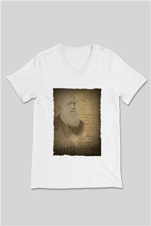 Charles Darwin Baskılı Unisex V Yaka Beyaz Tişört - Tshirt