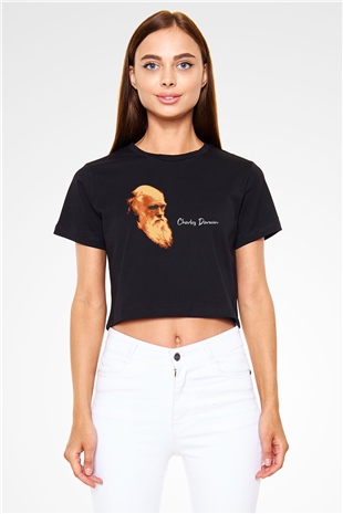 Charles Darwin Görseli Baskılı Siyah Kadın Crop Top Tişört