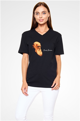 Charles Darwin Görseli Baskılı Unisex Siyah V Yaka Tişört