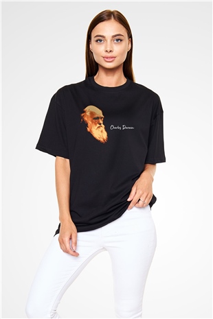 Charles Darwin Görseli Baskılı Unisex Siyah Oversize Tişört
