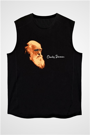 Charles Darwin Görseli Baskılı Unisex Siyah Kolsuz Tişört