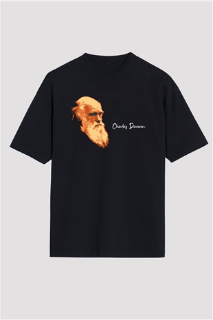 Charles Darwin Görseli Baskılı Unisex Siyah Oversize Tişört