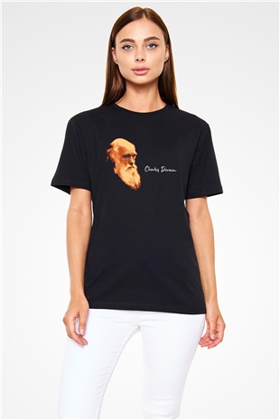 Charles Darwin Görseli Baskılı Unisex Siyah Tişört