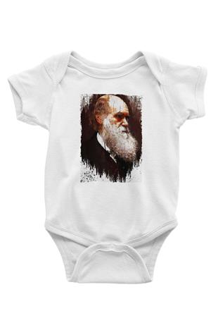 Charles Darwin Portre Baskılı Beyaz Bebek Body - Zıbın
