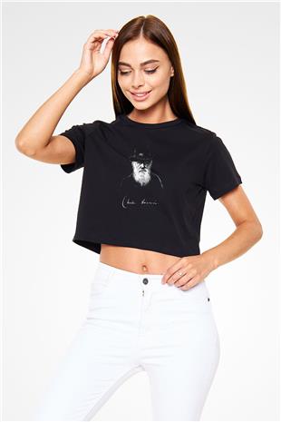 Charles Darwin Portre Baskılı Crop Top Kadın Tİşört - Tshirt
