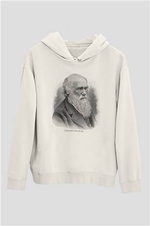 Charles Darwin Portre Baskılı Unisex Beyaz Hoodie