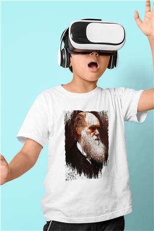 Charles Darwin Portre Baskılı Unisex Beyaz Çocuk Tişörtü - Tshirt