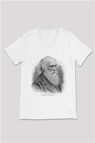 Charles Darwin Portre Baskılı Unisex Beyaz V Yaka Tişört