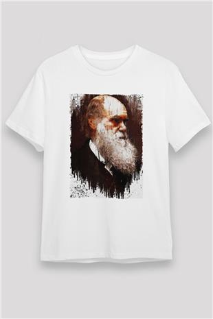 Charles Darwin Portre Baskılı Unisex Beyaz Tişört - Tshirt