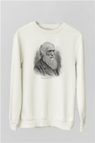 Charles Darwin Portre Baskılı Unisex Beyaz Sweatshirt