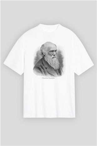 Charles Darwin Portre Baskılı Unisex Beyaz Oversize Tişört