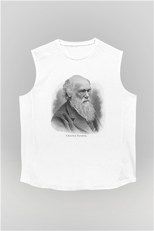 Charles Darwin Portre Baskılı Unisex Beyaz Kolsuz Tişört