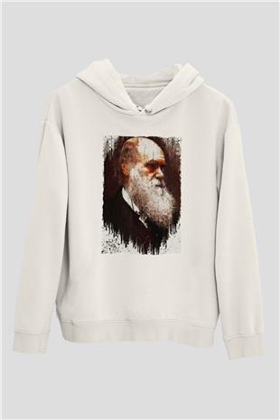 Charles Darwin Portre Baskılı Unisex Ekru Hoodie