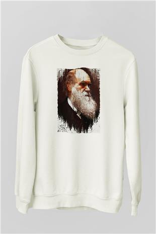 Charles Darwin Portre Baskılı Unisex Ekru Sweatshirt