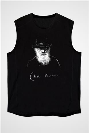 Charles Darwin Portre Baskılı Unisex Kolsuz Siyah Tişört - Tshirt