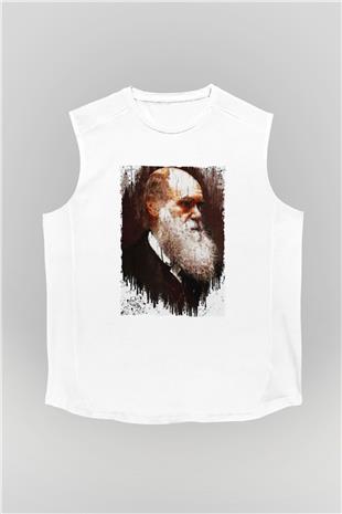 Charles Darwin Portre Baskılı Unisex Kolsuz Beyaz Tişört - Tshirt