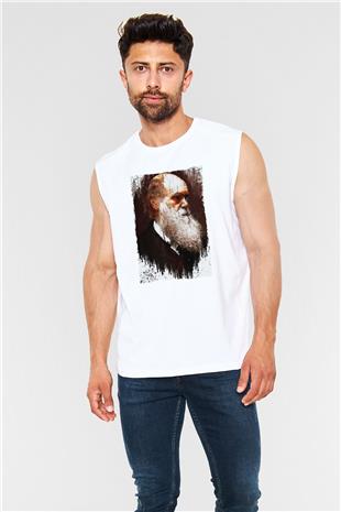 Charles Darwin Portre Baskılı Unisex Kolsuz Beyaz Tişört - Tshirt