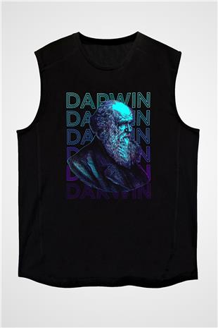 Charles Darwin Portre Baskılı Unisex Kolsuz Siyah Tişört - Tshirt