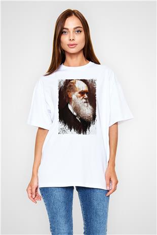 Charles Darwin Portre Baskılı Unisex Oversize Beyaz Tişört - Tshirt