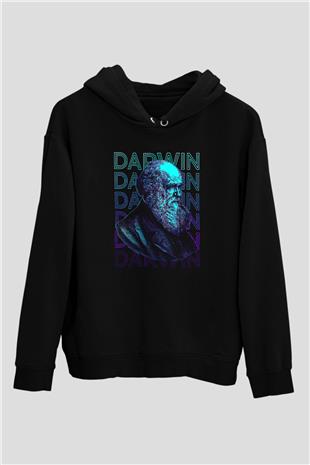 Charles Darwin Portre Baskılı Unisex Siyah Hoodie