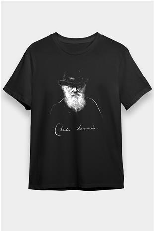Charles Darwin Portre Baskılı Unisex Siyah Tişört - Tshirt