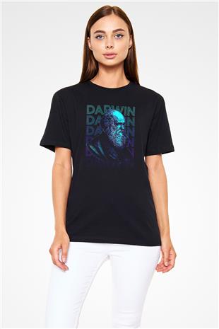 Charles Darwin Portre Baskılı Unisex Siyah Tişört - Tshirt