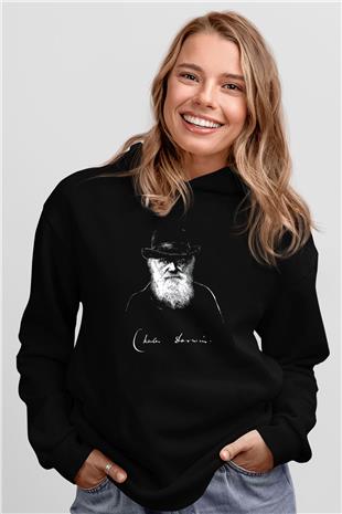 Charles Darwin Portre Baskılı Unisex Siyah Hoodie