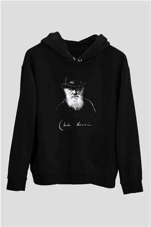 Charles Darwin Portre Baskılı Unisex Siyah Hoodie