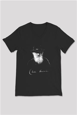 Charles Darwin Portre Baskılı Unisex V Yaka Siyah Tİşört - Tshirt