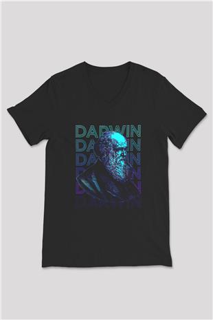 Charles Darwin Portre Baskılı Unisex V Yaka Siyah Tİşört - Tshirt