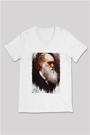Charles Darwin Portre Baskılı Unisex V Yaka Beyaz Tişört - Tshirt
