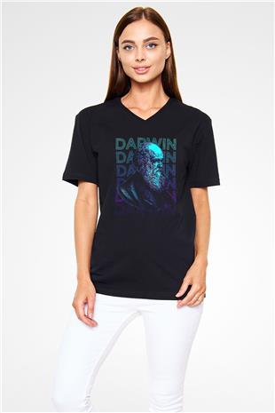 Charles Darwin Portre Baskılı Unisex V Yaka Siyah Tİşört - Tshirt