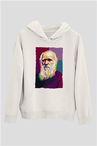 Charles Darwin Renkli Portre Baskılı Unisex Ekru Hoodie
