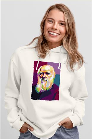 Charles Darwin Renkli Portre Baskılı Unisex Ekru Hoodie