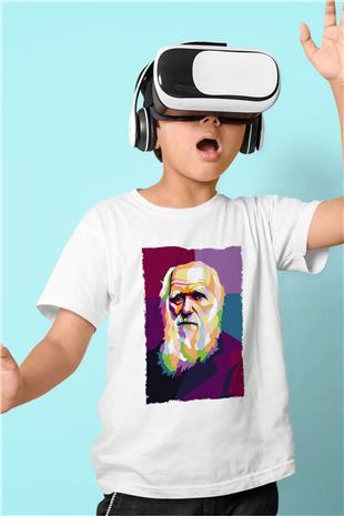 Charles Darwin Renkli Portre Baskılı Unisex Beyaz Çocuk Tişörtü - Tshirt