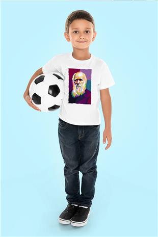 Charles Darwin Renkli Portre Baskılı Unisex Beyaz Çocuk Tişörtü - Tshirt