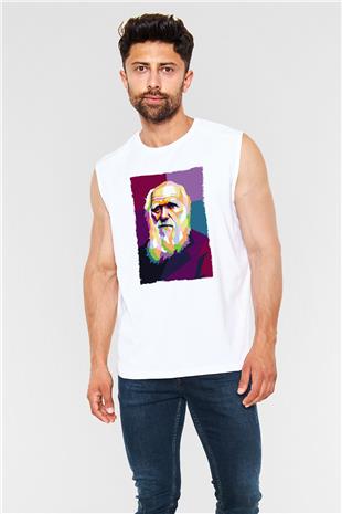 Charles Darwin Renkli Portre Baskılı Unisex Kolsuz Beyaz Tişört - Tshirt