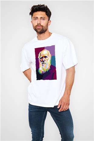 Charles Darwin Renkli Portre Baskılı Unisex Oversize Beyaz Tişört - Tshirt