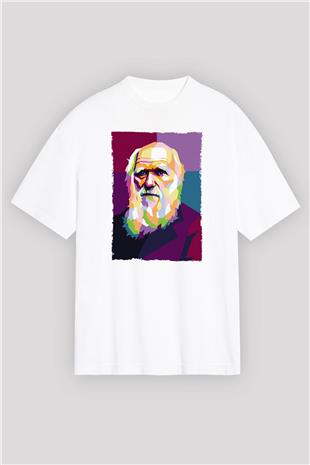 Charles Darwin Renkli Portre Baskılı Unisex Oversize Beyaz Tişört - Tshirt