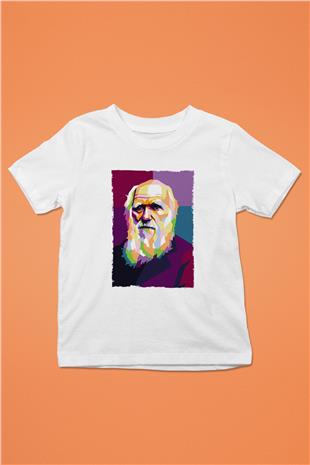 Charles Darwin Renkli Portre Baskılı Unisex Beyaz Çocuk Tişörtü - Tshirt