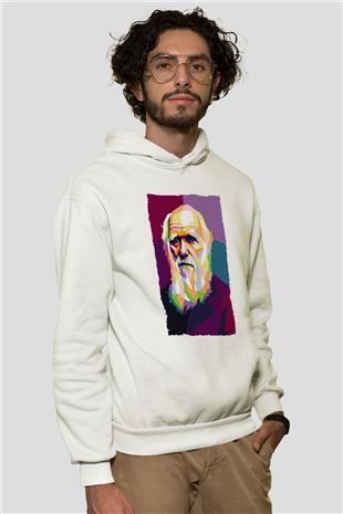 Charles Darwin Renkli Portre Baskılı Unisex Ekru Hoodie