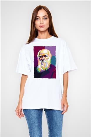 Charles Darwin Renkli Portre Baskılı Unisex Oversize Beyaz Tişört - Tshirt