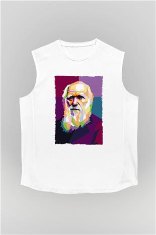 Charles Darwin Renkli Portre Baskılı Unisex Kolsuz Beyaz Tişört - Tshirt