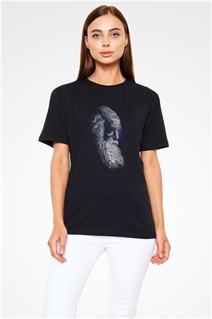 Charles Darwin Sanatsal Portre Baskılı Unisex Siyah Tişört